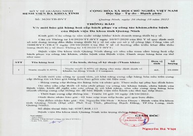 Thông báo mời báo giá hàng hóa cấp bách phục vụ công tác khám, chữa bệnh của Bệnh viện Đa khoa tỉnh Quảng Ninh (3630)