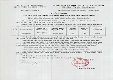 Thông báo mời báo giá thuốc của Bệnh viện (3993)