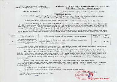 Thông báo mời báo giá hàng hóa cấp bách phục vụ công tác khám, chữa bệnh của Bệnh viện Đa khoa tỉnh Quảng Ninh (4154)