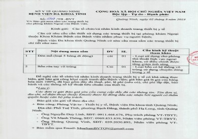 Mời báo giá mua sắm các trang thiết bị cho phòng khám Ngoại (2309)