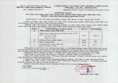 Thông báo mời báo giá thi công sửa chữa mái hiên nhà hệ Nội (2388)