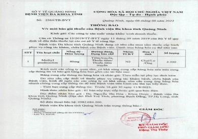 Thông báo mời báo giá thuốc của Bệnh viện Đa khoa tỉnh Quảng Ninh (2364)