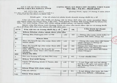 Mời báo giá mua sắm vật tư và trang thiết bị y tế thay thế cho các khoa (2771)