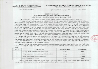 Thông báo mời báo giá vật tư y tế cấp bách (830)
