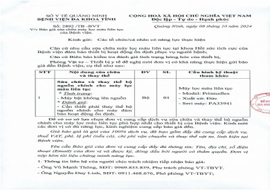 Thông báo về việc báo giá sửa chữa máy lọc máu liên tục của Bệnh viện (2892)