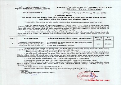 Mời báo giá hàng hoá cấp bách phục vụ công tác khám chữa bệnh (1289)