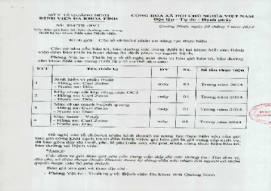 Thông báo báo giá bảo trì, bảo dưỡng các trang thiết bị tại khoa Mắt của Bệnh viện (854)