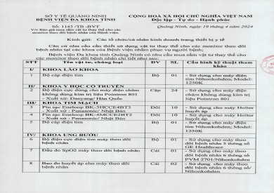 Thông báo báo giá mua sắm vật tư thay thế cho các monitor theo dõi bệnh nhân của Bệnh viện (1143)