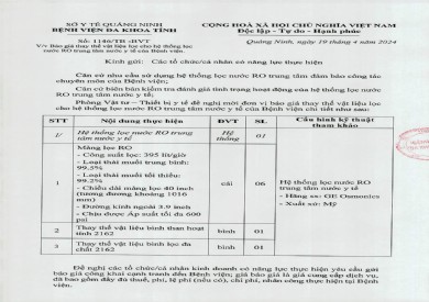Thông báo báo giá thay thế vật liệu lọc cho hệ thống lọc nước RO trung tâm nước y tế của Bệnh viện (1146)