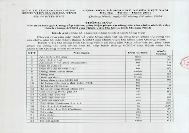 Mời báo giá cung cấp vật tư, phụ kiện phục vụ công tác sửa chữa nhỏ lẻ, cấp bách tháng 4/2024 của bệnh viện (918)