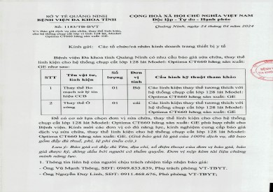 Thông báo báo giá dịch vụ sửa chữa, thay thế linh kiện cho hệ thống chụp cắt lớp vi tính 128 lát (1183)