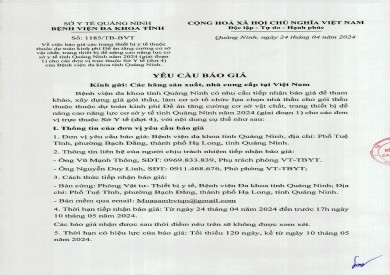 Thông báo về việc báo giá các trang thiết bị y tế thuộc dự toán kinh phí Đề án tăng cường cơ sở vật chất, trang thiết bị để nâng cao năng lực cơ sở y tế tỉnh Quảng Ninh năm 2024 (1185)