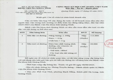 Mời báo giá mua sắm sữa tươi và sữa đặc có đường của Bệnh viện Đa khoa tỉnh Quảng Ninh (1499)