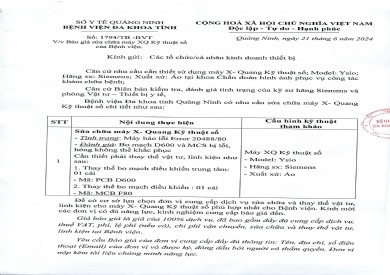 Thông báo báo giá sửa chữa máy XQ kỹ thuật số của bệnh viện (1794)
