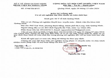 Bệnh viện Đa khoa tỉnh Quảng Ninh công bố cơ sở xét nghiệm đạt tiêu chuẩn An toàn sinh học