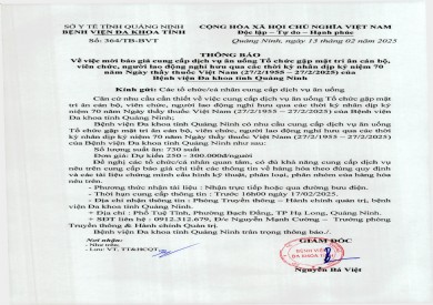 Thông báo mời báo giá cung cấp dịch vụ ăn uống Tổ chức gặp mặt tri ân cán bộ, viên chức, người lao động nghỉ hưu qua các thời kỳ nhân dịp 70 năm Ngày thầy thuốc Việt Nam (364)